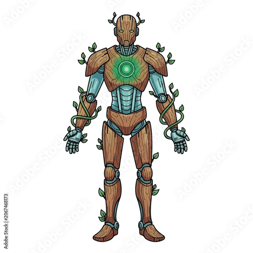 Wooden Robot Guardian with Green Energy Core and Vines.