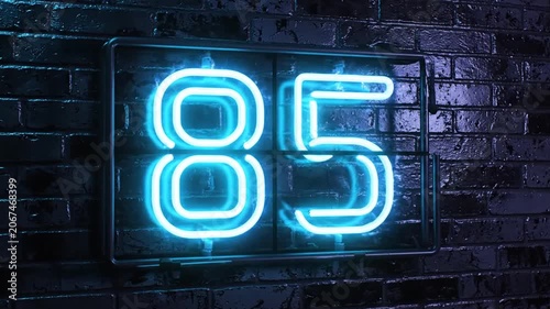 Blue neon countdown numbers changing on a dark textured brick wall background
