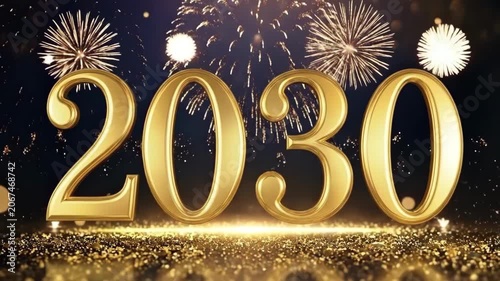 Happy New Year 2030 golden numbers with fireworks celebration background. Festive holiday greeting, midnight party countdown, and luxury gold glitter bokeh concept.