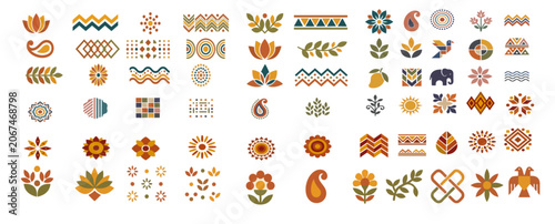 Boho Floral Folk Icons Collection with Geometric Nature Elements and Decorative Vector Symbols