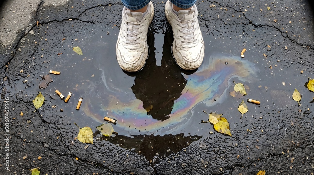 Naklejka premium A top-down view of a pair of dirty white sneakers standing in a puddle with an oil spill and cigarette butts on cracked asphalt