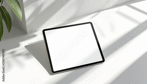 A tablet with a white screen sits on a white surface next to a plant in sunlight.