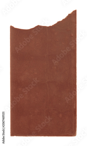 Bitten chocolate bar from the back side isolated on transparent background. Close-up sweet snack with visible bite mark and plain rear surface