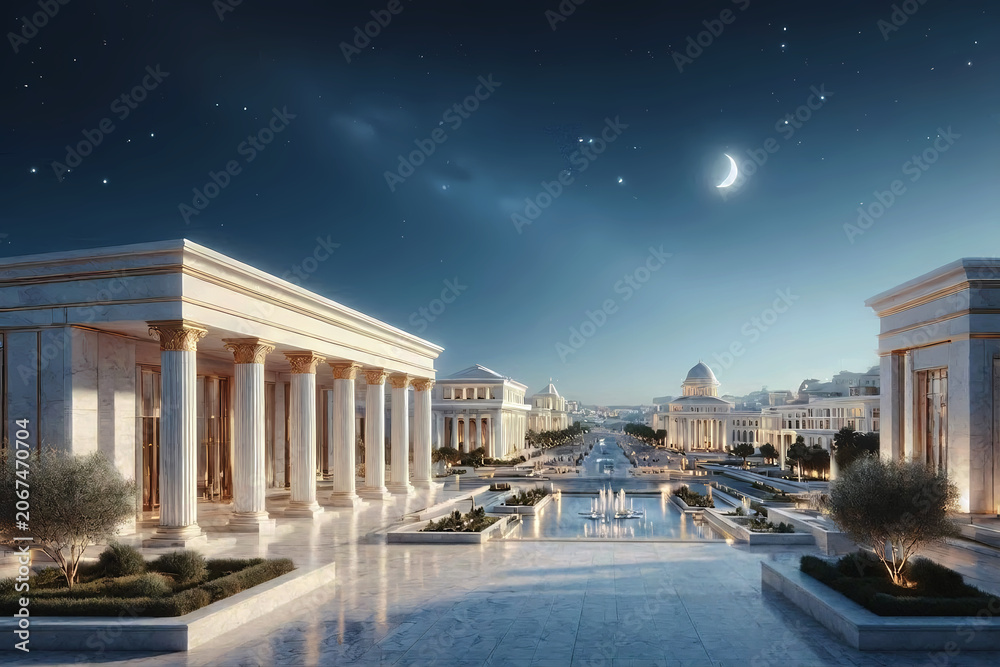 Fototapeta premium Majestic Neo-Classical Architecture with Marble Columns and Fountains in a Futuristic Utopian City at Night