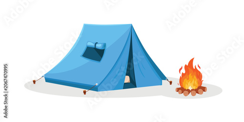 Tourist camping blue tent with and a campfire isolated on a white background.