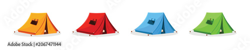 Set of colourfull camping tent vector icons isolated on white background. yellow, red, blue and green camp tent.