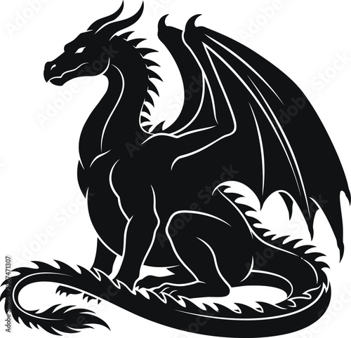 Black silhouette of a mythical dragon with wings and tail