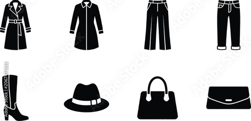 Black and white fashion icons set including clothing and accessories