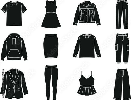 Black silhouette clothing collection t shirts jackets pants skirts and formal wear