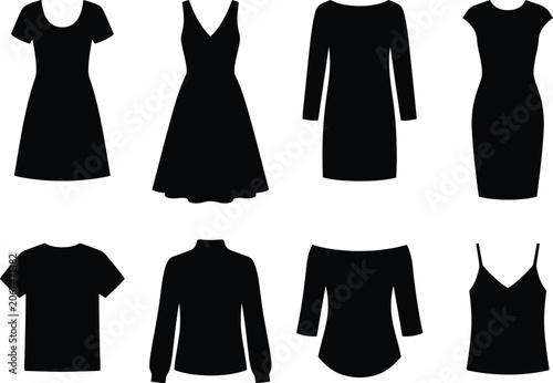Black silhouette collection of women's dresses and tops fashion apparel design elements