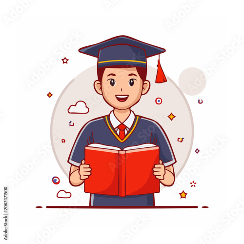 Happy student in graduation cap holding an open book