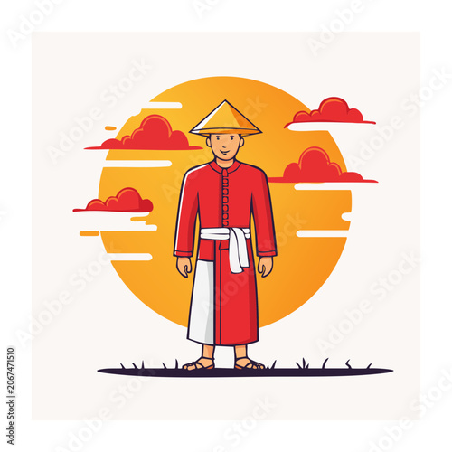Man in traditional Asian conical hat and red clothing