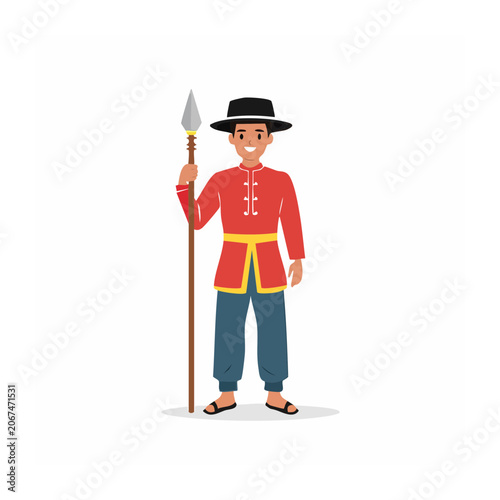 Man in traditional red uniform holding a spear