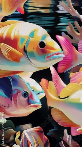 Pastel-colored school of fish swimming across the entire screen, vertical animation featuring peaceful underwater motion, soft ocean colors and whimsical marine life