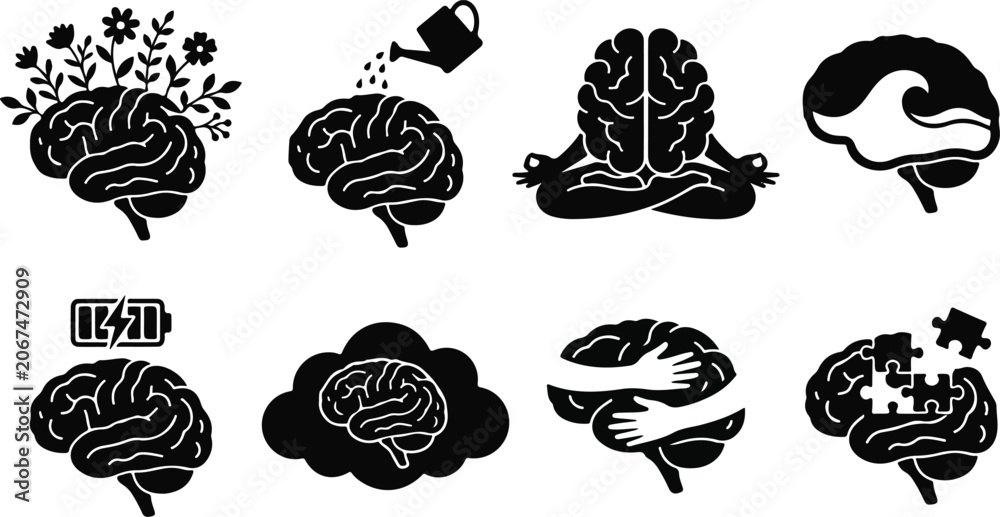 Obraz premium Set of conceptual brain icons representing mental health awareness psychology mindfulness cognitive function and emotional well-being in minimalist style