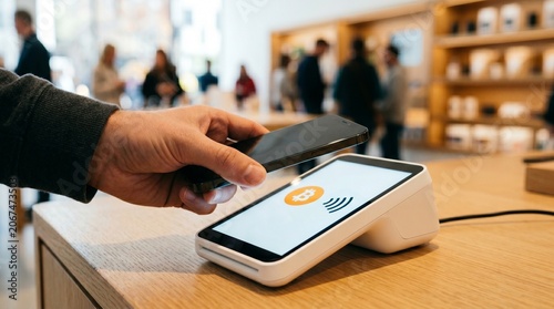 Smartphone Tapping White POS Terminal With Bitcoin Logo