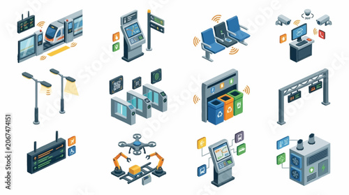Bild auf Leinwand Collection of isometric icons representing smart city technology and infrastructure elements