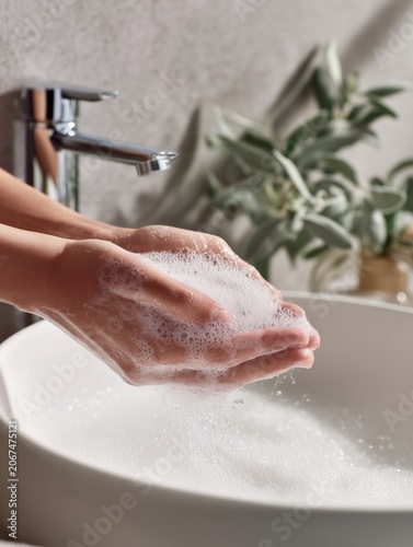 Close Up of Hand Washing with Soap Foam for Cleanliness