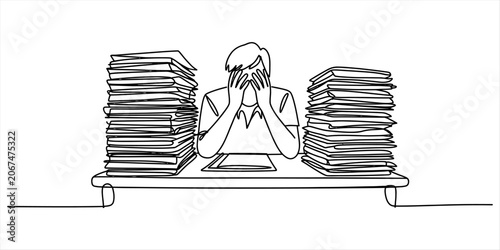 Stressed person overwhelmed by stacks of paperwork sitting at a desk with hands on face Vector, illustration