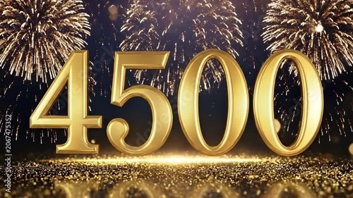 Golden number 4500 with fireworks celebration background. 4500th anniversary or milestone achievement. 4.5K subscriber count or follower celebration concept. Sparkling gold glitter and bokeh.