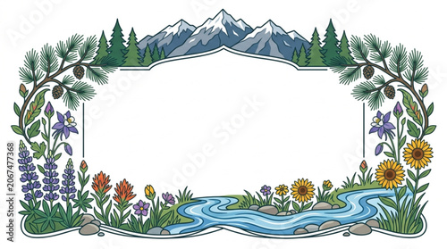 Decorative nature frame with Rocky Mountains and wildflowers celebrating a beautiful Colorado day
