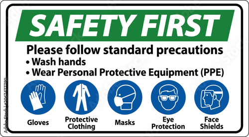 Tableau sur toile Safety first sign with ppe icons gloves clothing masks eye protection face shiel