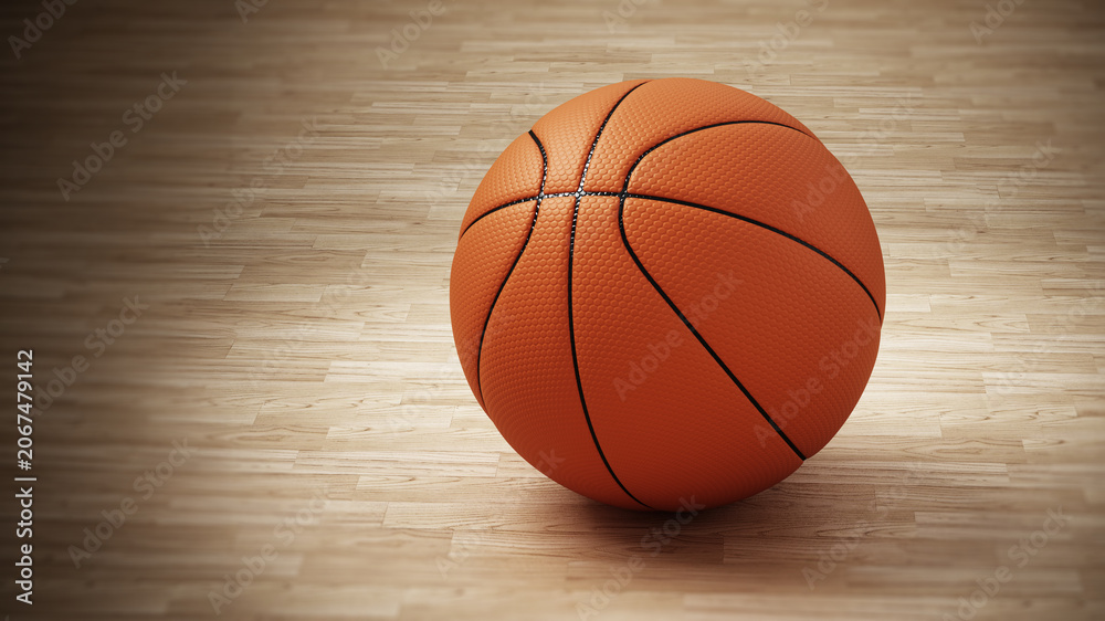 Obraz premium Basketball on spotlit hardfloor surface. 3D illustration