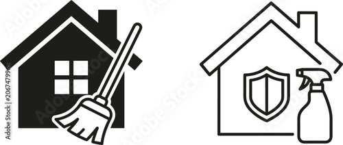 Obraz na plátně Home cleaning and sanitization concept showing house icons with broom and disinf