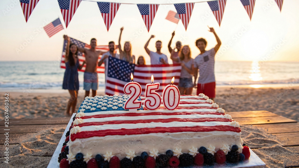 Fototapeta premium Fourth of July USA 250th anniversary beach celebration concept for patriotic outdoor holiday gathering including anniversary cake flag bunting and community celebration during sunset