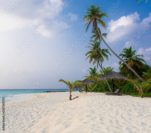Vacation summer holidays leisure background - sunny tropical Caribbean paradise resort beach with white sand, lounger, palms on Maldive