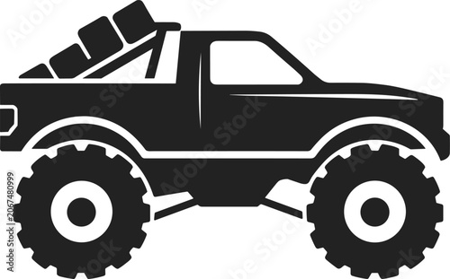 Silhouette of a black monster truck with large tires and a roll cage Keywords: monster truck, vehicle, silhouette, off road, extreme