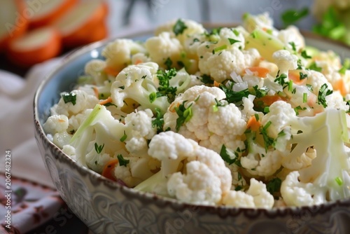 Delicious and healthy cauliflower salad seasoned with fresh herbs and carrots, presented in a decorative bowl