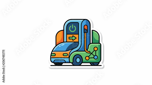 A cartoon-style illustration of a green and blue electric car with charging port