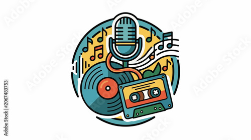 A colorful illustration of a microphone surrounded by musical notes and a vinyl record with a cassette tape