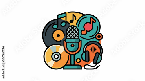 Colorful graphic illustration of a microphone surrounded by music-related symbols