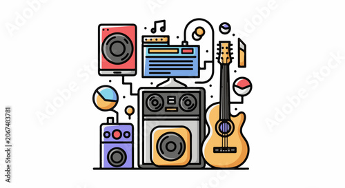 Colorful illustration of music equipment and technology