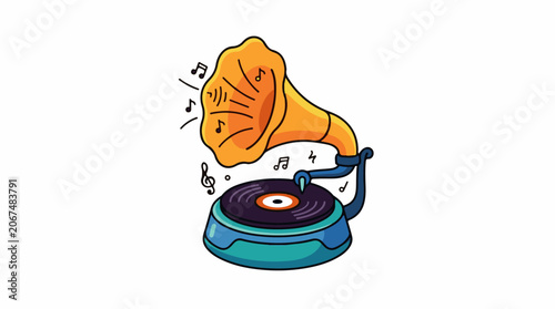 A vintage gramophone playing music with a yellow horn and blue base