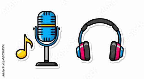 A blue microphone with a yellow music note and pink and blue headphones