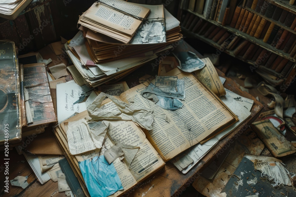 Fototapeta premium Scattered antique books, documents, and torn photographs lay decaying on a dusty table in an abandoned library, evoking a sense of forgotten history
