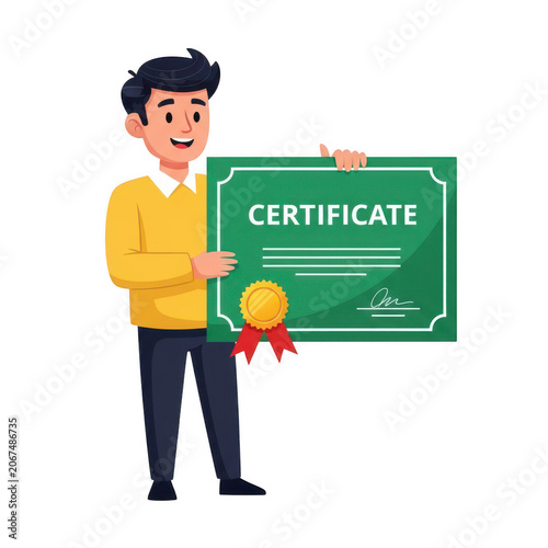 Graduate man holding green certificate with happy smile isolated on transparent background