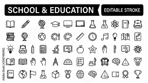 Schilderij op canvas Educational and school line icon set with editable strokes education learning ac
