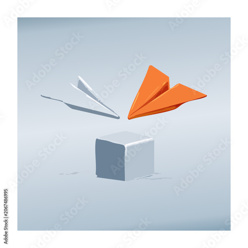 Orange and white paper airplanes launching from a cube