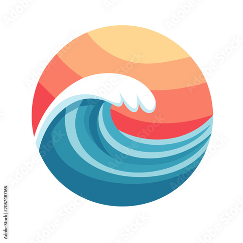 Stylized ocean wave and sunset in circular design