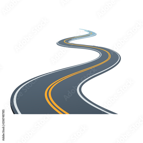 Winding road with yellow and white lines on white background
