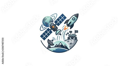 Pixel art space exploration mission with rocket satellite and rover