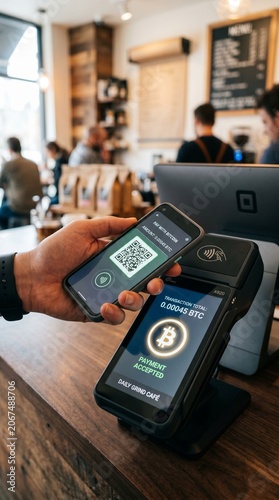 Smartphone Tapping White POS Terminal With Bitcoin Logo