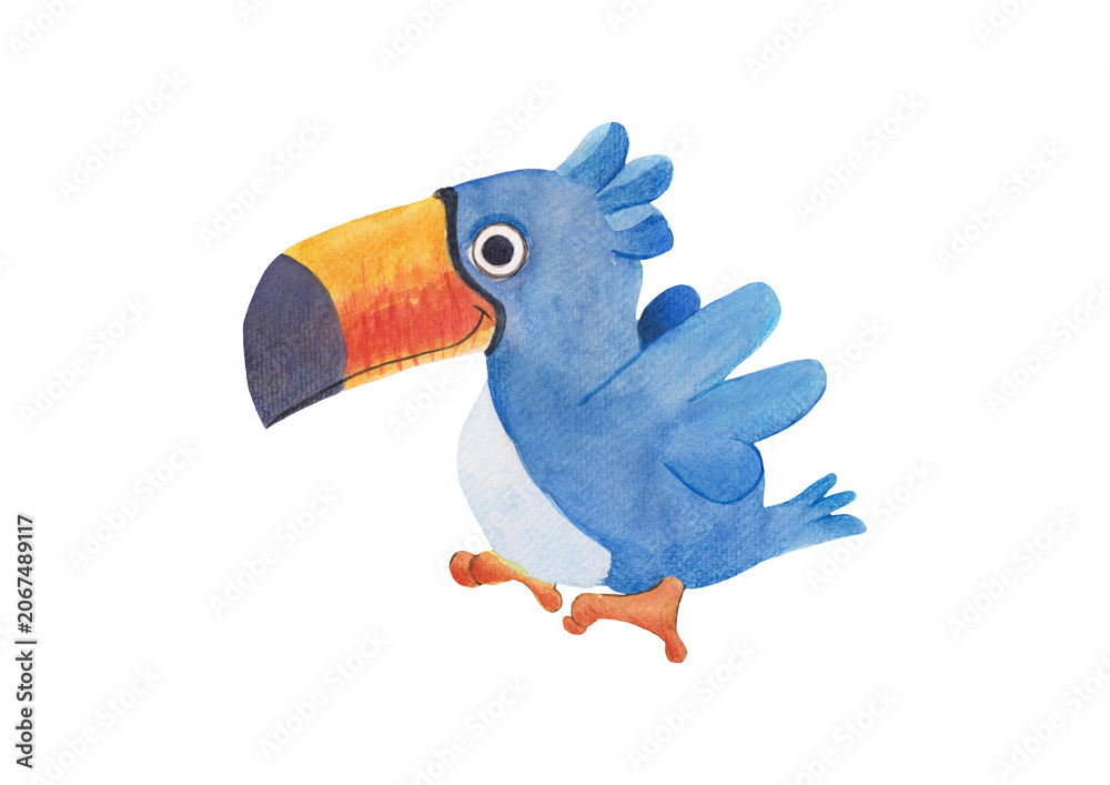 Fototapeta premium Watercolor hand drawn tropical flying toucan bird cute children illustration isolated on white background