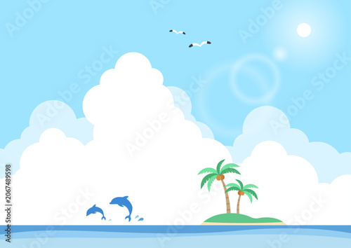 Konstfotografi 夏の青空に広がる大きな入道雲と海をジャンプするイルカにヤシの木の無人島を配置したレジャーやサマーセールに使えるかわいいベクターイラスト背景コピースペース素材