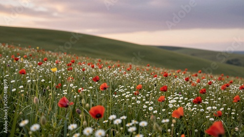 Wildflower Meadow with Poppies and Daisies on Rolling Hills at Sunset