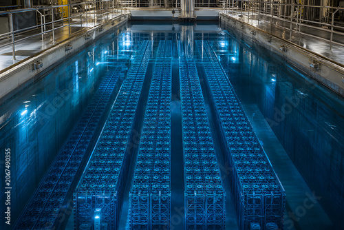 Glowing blue spent fuel pool in nuclear facility